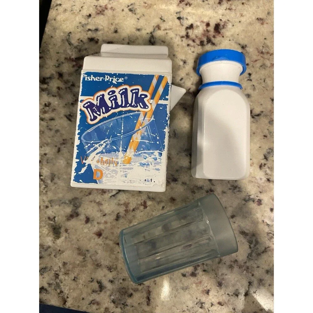 Vintage Fisher Price 1987 Milk Carton Bottle And Glass Fun With Food Toy Set